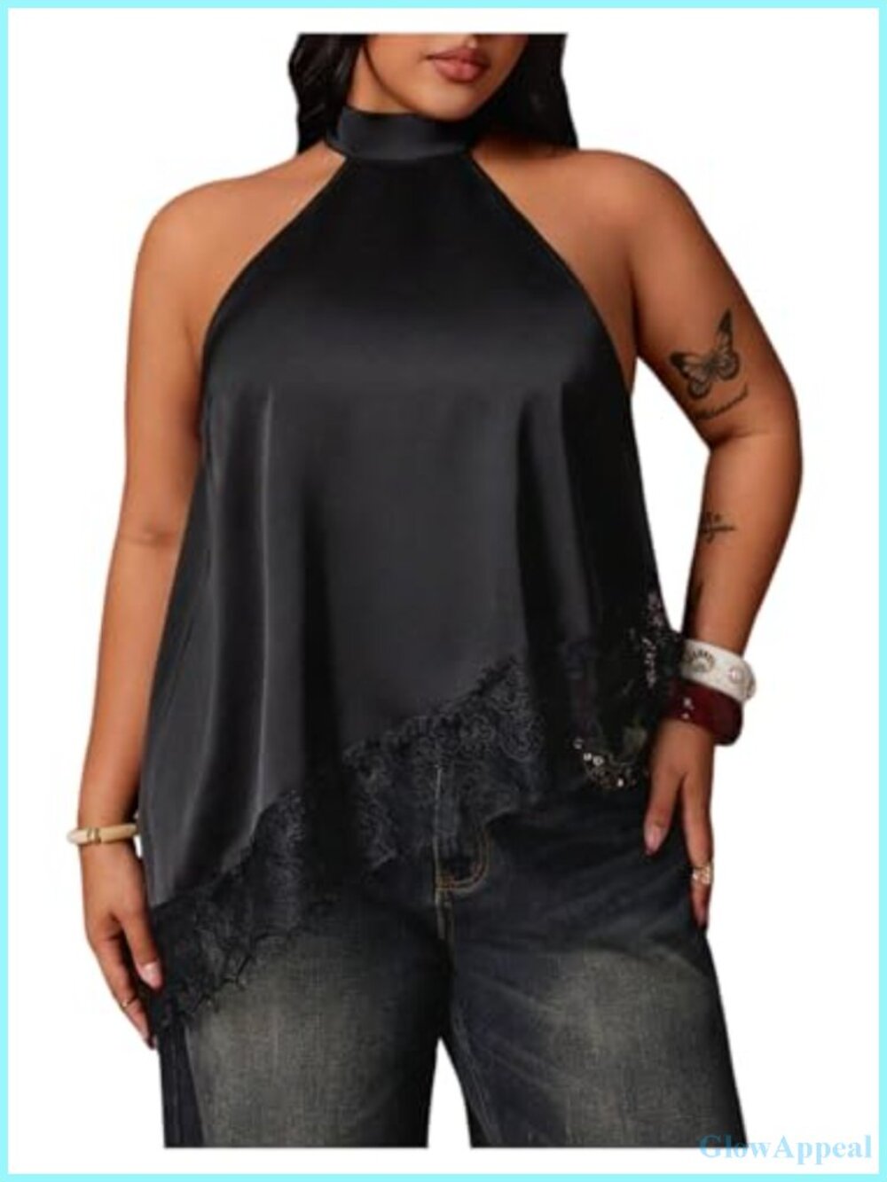 Plus Size Satin Halter Top Lace Trim Sleeveless Asymmetrical Flowy Y2K Going Out